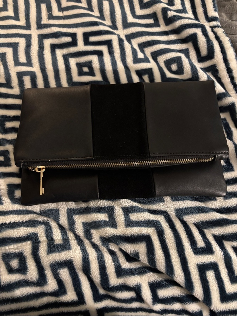 Nordstrom Black Fold-Over Clutch with Gold Zip Pull